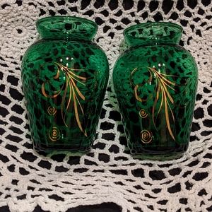 A set of vintage green and gold mini Anchor Hocking bud vases